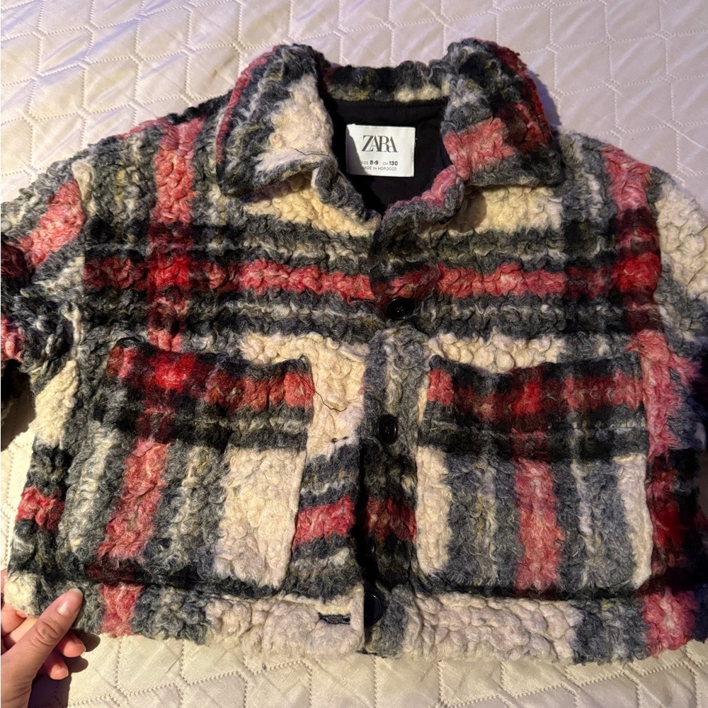 Zara girls teddy plaid jacket size 8/9